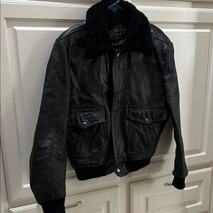 Vintage Korean Made Black Leather Bomber Jacket with Shearling Collar 42